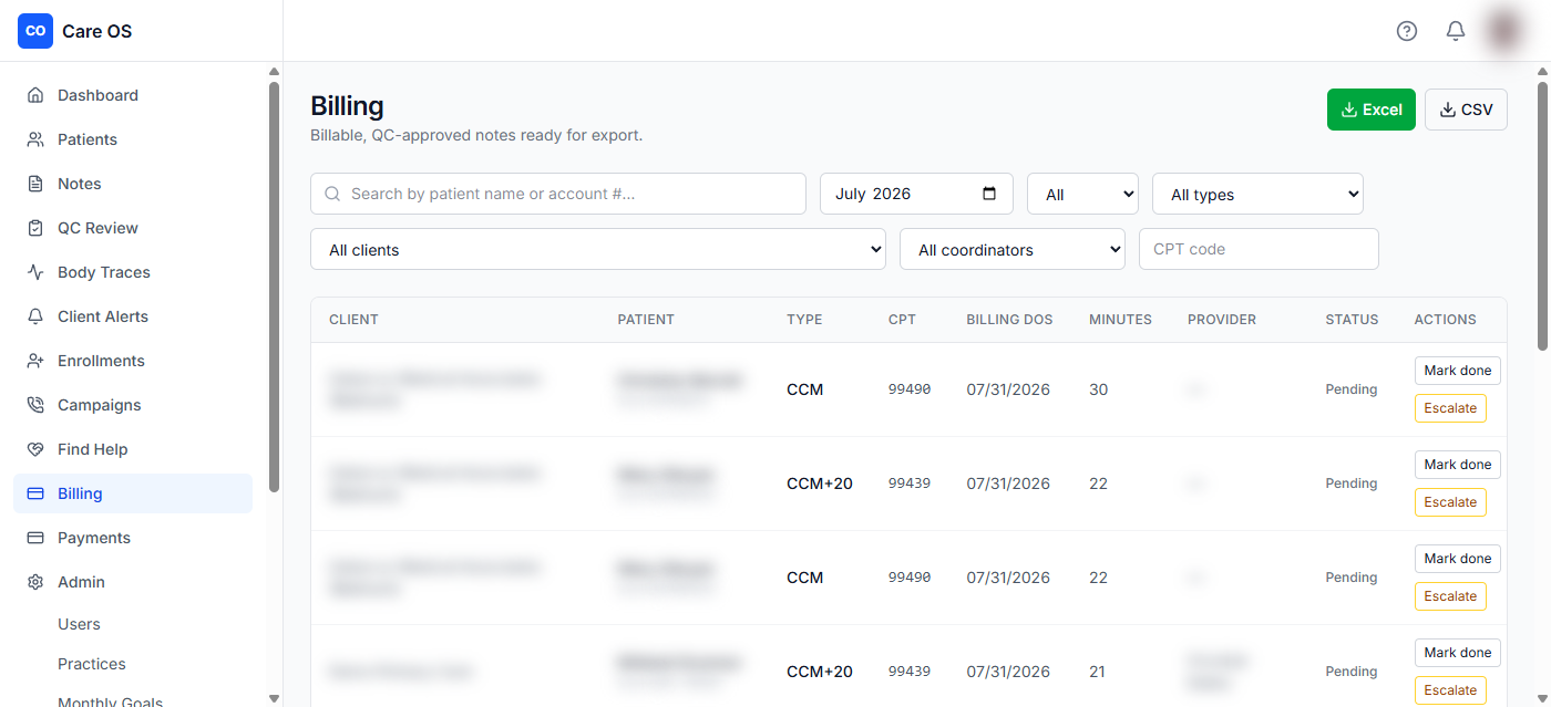 cpcReach billing queue for a selected month with codes, minutes, escalation, and export actions.