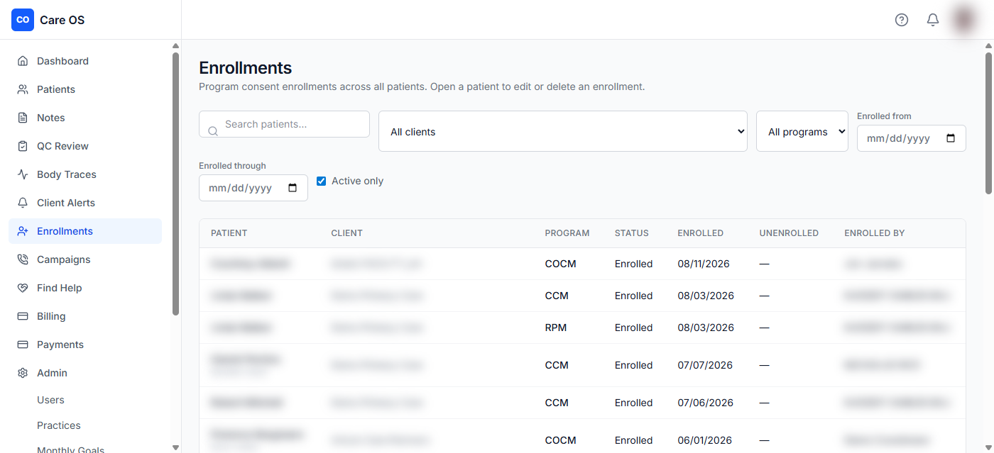 cpcReach enrollment list showing program, status, enrollment date, and who enrolled the patient.