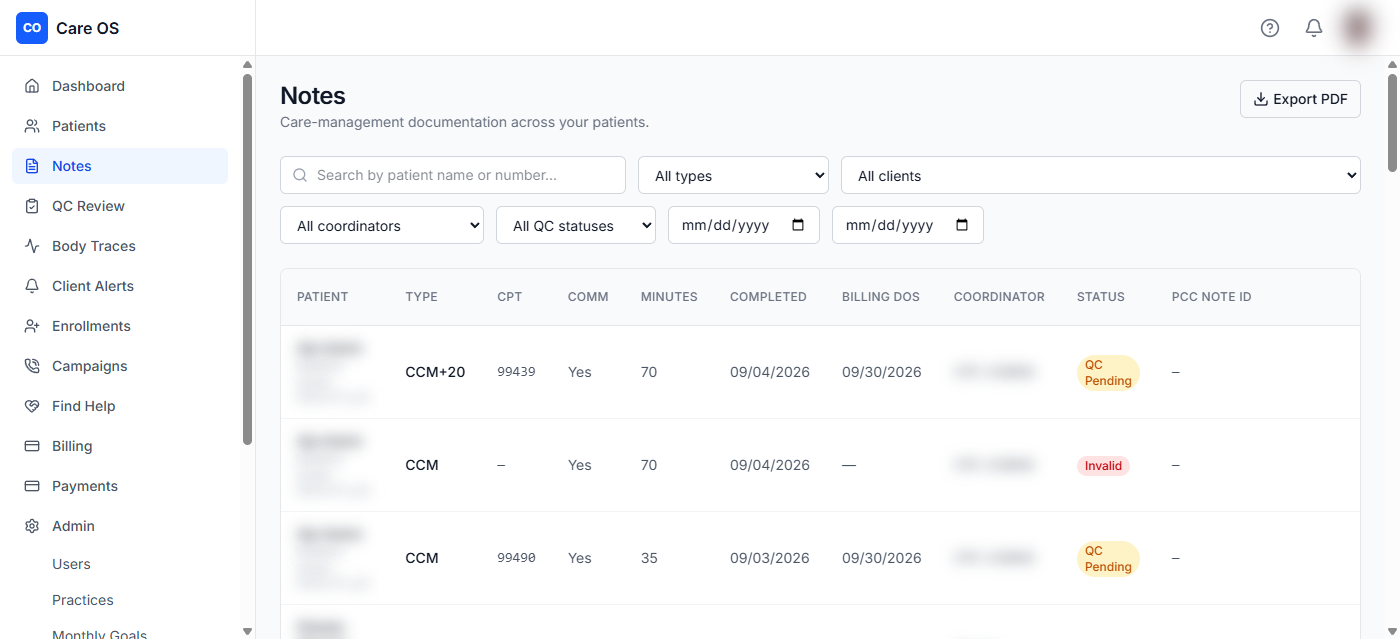 cpcReach notes list showing note type, CPT code, minutes, service dates, and quality status.