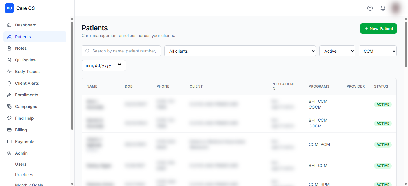 cpcReach patient list filtered to active CCM patients, with program and status columns.