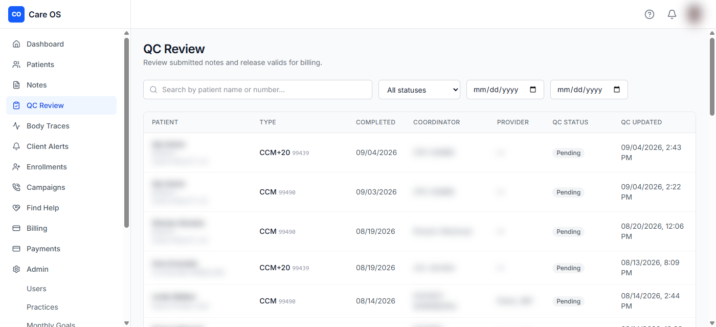 cpcReach quality review queue listing submitted notes with pending review status.