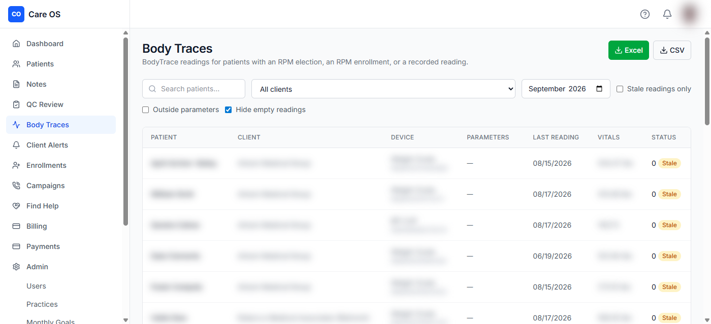 cpcReach remote monitoring list showing devices, last reading dates, and stale reading status.